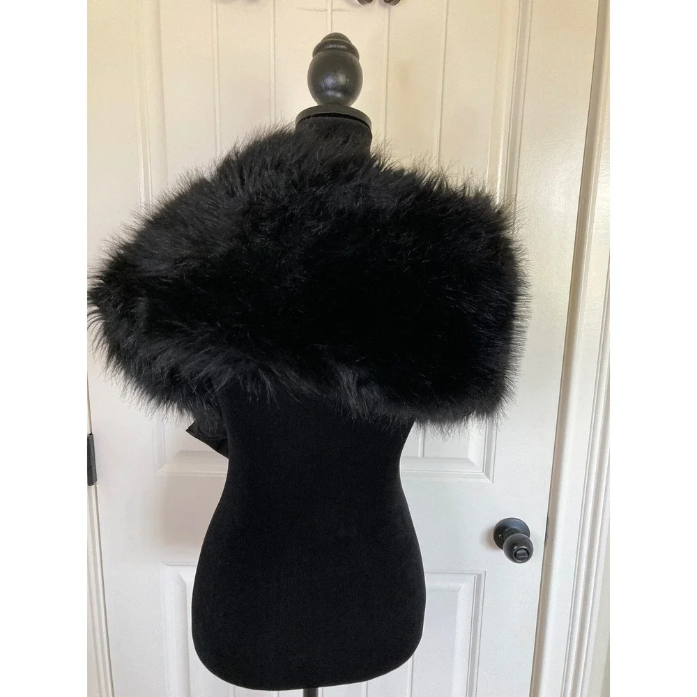 Black Faux Fur Stole Wrap with Front Bow Formal Evening Shrug One Size